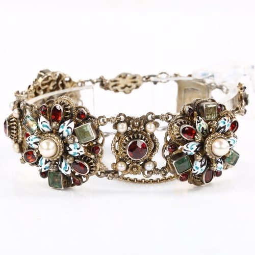 113 - A fine Austro-Hungarian gem set bracelet, silver-gilt settings with emeralds? pearls garnet and poly... 