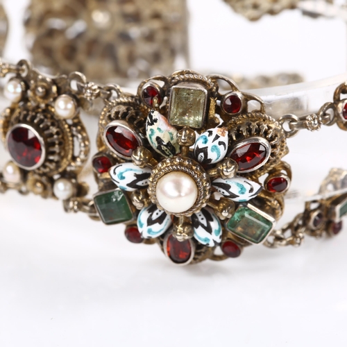 113 - A fine Austro-Hungarian gem set bracelet, silver-gilt settings with emeralds? pearls garnet and poly... 