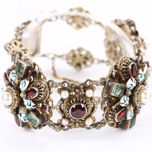 113 - A fine Austro-Hungarian gem set bracelet, silver-gilt settings with emeralds? pearls garnet and poly... 