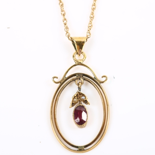 115 - An Edwardian style garnet and pearl openwork pendant necklace, unmarked gold settings on 9ct fine Pr... 