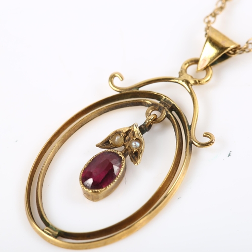 115 - An Edwardian style garnet and pearl openwork pendant necklace, unmarked gold settings on 9ct fine Pr... 