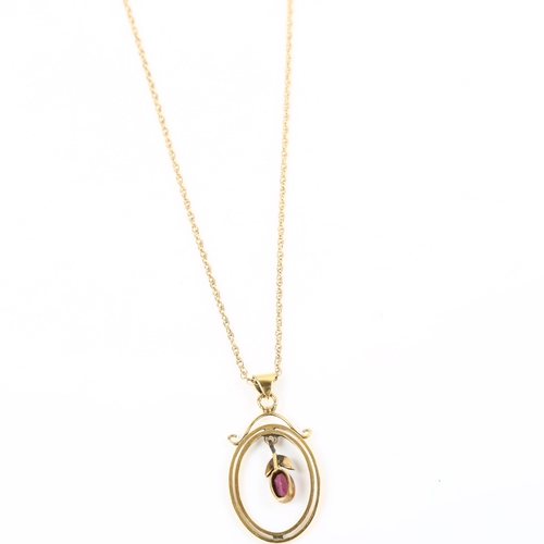 115 - An Edwardian style garnet and pearl openwork pendant necklace, unmarked gold settings on 9ct fine Pr... 