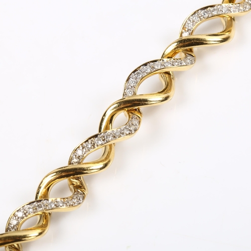 124 - A modern 18ct gold diamond double-helix bracelet, pave set with modern round brilliant-cut diamonds,... 