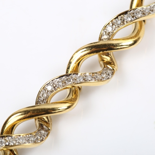 124 - A modern 18ct gold diamond double-helix bracelet, pave set with modern round brilliant-cut diamonds,... 