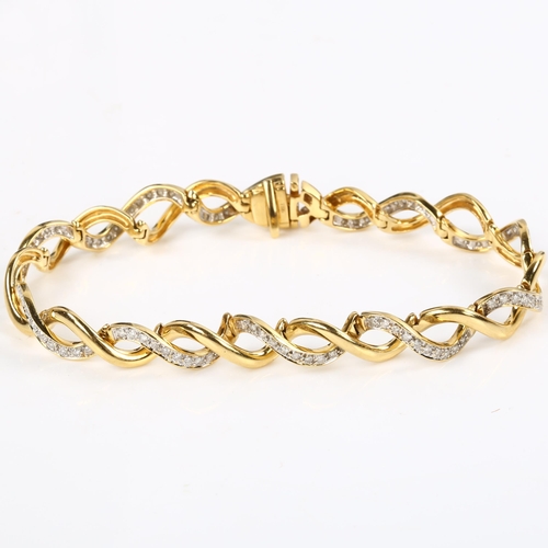 124 - A modern 18ct gold diamond double-helix bracelet, pave set with modern round brilliant-cut diamonds,... 