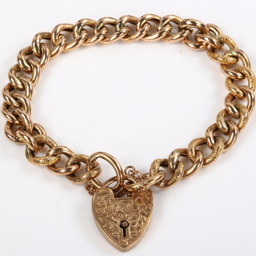 125 - An Antique 9ct rose gold hollow curb link chain bracelet, with floral engraved heart padlock clasp, ... 