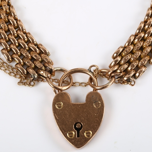 126 - A 9ct rose gold gatelink chain bracelet, with heart padlock clasp, bracelet length 19cm, 18.6g