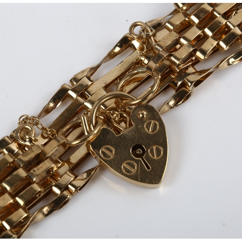 129 - A 9ct gold gatelink chain bracelet, with heart padlock clasp, bracelet length 17cm, 9g