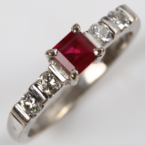 132 - An 18ct white gold ruby and diamond ring, set with square-cut ruby and modern round brilliant-cut di... 