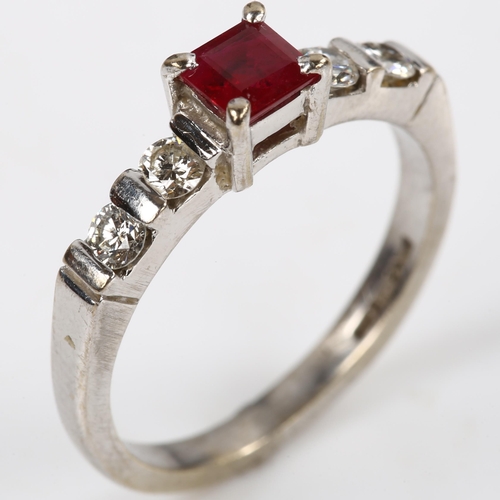 132 - An 18ct white gold ruby and diamond ring, set with square-cut ruby and modern round brilliant-cut di... 