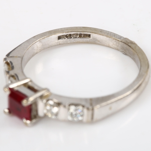 132 - An 18ct white gold ruby and diamond ring, set with square-cut ruby and modern round brilliant-cut di... 