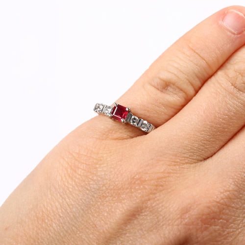 132 - An 18ct white gold ruby and diamond ring, set with square-cut ruby and modern round brilliant-cut di... 