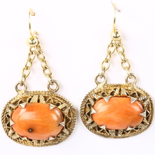 140 - A pair of Continental silver-gilt coral drop earrings, with shepherd hook fittings, earring height 3... 