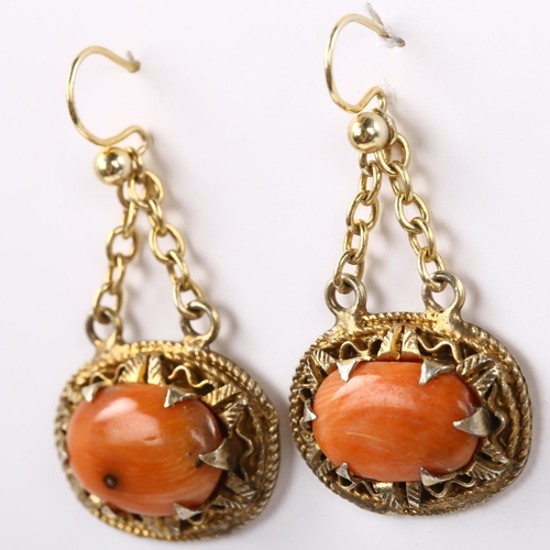 140 - A pair of Continental silver-gilt coral drop earrings, with shepherd hook fittings, earring height 3... 