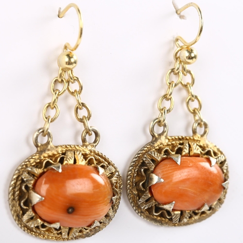 140 - A pair of Continental silver-gilt coral drop earrings, with shepherd hook fittings, earring height 3... 