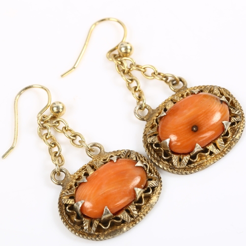 140 - A pair of Continental silver-gilt coral drop earrings, with shepherd hook fittings, earring height 3... 