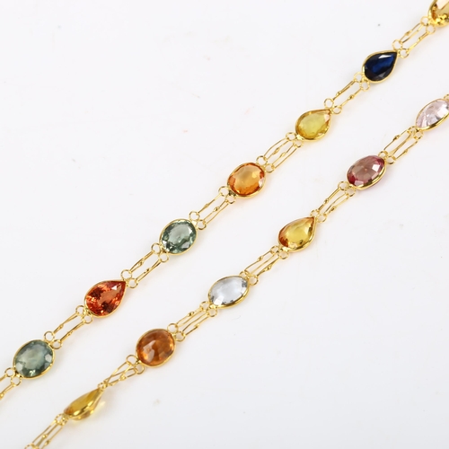 146 - A 14ct gold vari-hue sapphire and ruby line necklace, set with oval and pear-cut gemstones, necklace... 