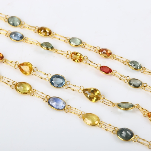 146 - A 14ct gold vari-hue sapphire and ruby line necklace, set with oval and pear-cut gemstones, necklace... 