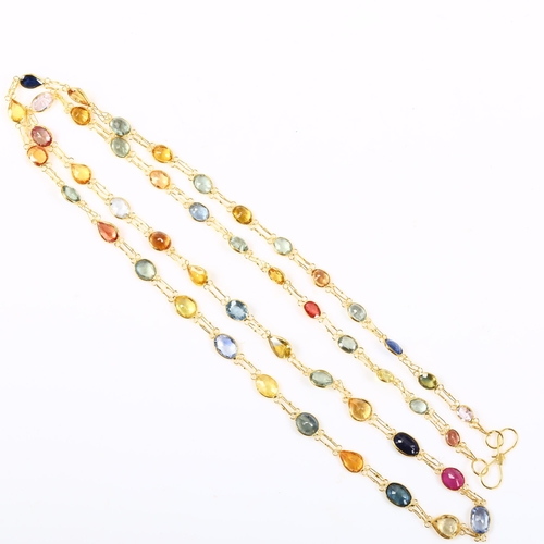 146 - A 14ct gold vari-hue sapphire and ruby line necklace, set with oval and pear-cut gemstones, necklace... 