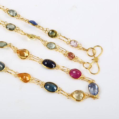 146 - A 14ct gold vari-hue sapphire and ruby line necklace, set with oval and pear-cut gemstones, necklace... 