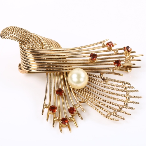 148 - ZEETA - a Vintage 9ct gold garnet and pearl brooch, import hallmarks London 1963, brooch length 49.1... 