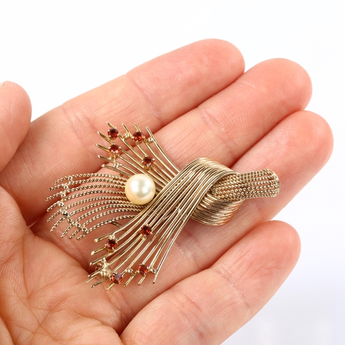 148 - ZEETA - a Vintage 9ct gold garnet and pearl brooch, import hallmarks London 1963, brooch length 49.1... 