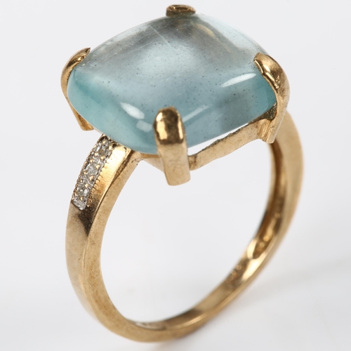 149 - A 9ct good aquamarine and diamond dress ring, set with rectangular cabochon aqua and single-cut diam... 