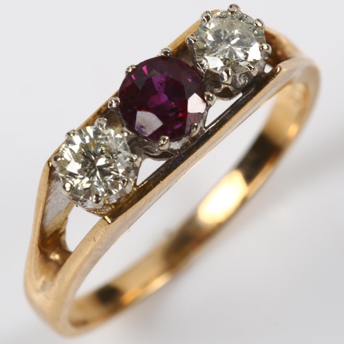 152 - An 18ct gold three stone ruby and diamond ring, set with round-cut ruby and modern round brilliant-c... 