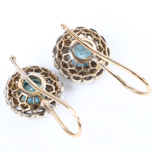 155 - A pair of blue zircon and white sapphire cluster earrings, unmarked gold settings with shepherd hook... 