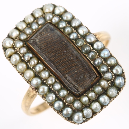 156 - A large Georgian split pearl memorial panel ring, unmarked gold settings with central vacant panel u... 