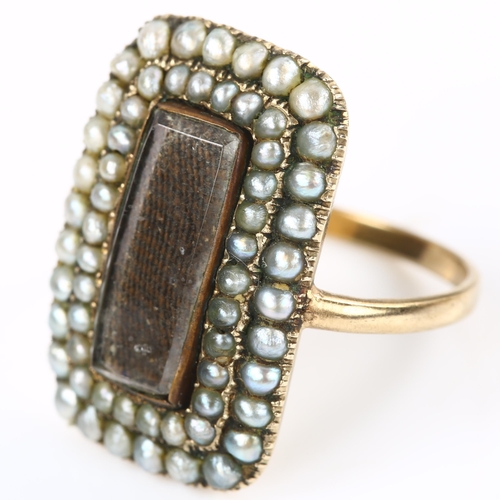 156 - A large Georgian split pearl memorial panel ring, unmarked gold settings with central vacant panel u... 