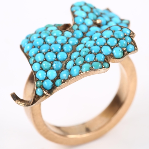 157 - A large turquoise leaf ring, unmarked rose metal settings, setting height 21.3mm, 10.4g