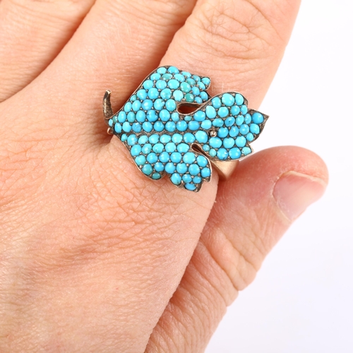 157 - A large turquoise leaf ring, unmarked rose metal settings, setting height 21.3mm, 10.4g