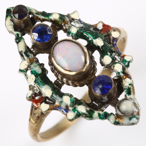 158 - An Austro-Hungarian silver-gilt gem set enamel panel ring, set with opal pearl and blue stone, setti... 