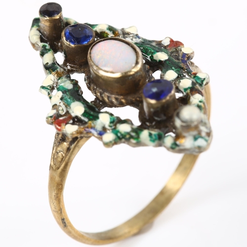 158 - An Austro-Hungarian silver-gilt gem set enamel panel ring, set with opal pearl and blue stone, setti... 