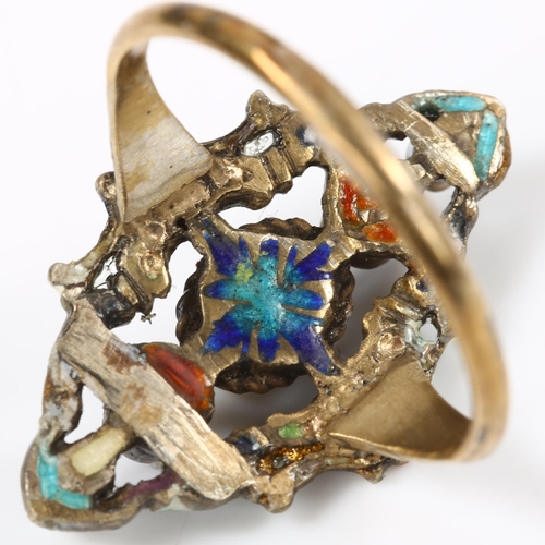 158 - An Austro-Hungarian silver-gilt gem set enamel panel ring, set with opal pearl and blue stone, setti... 