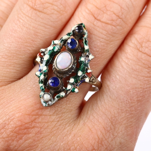 158 - An Austro-Hungarian silver-gilt gem set enamel panel ring, set with opal pearl and blue stone, setti... 