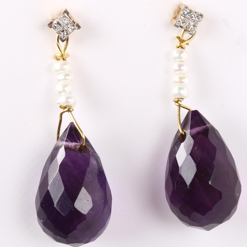 159 - A pair of 9ct gold amethyst pearl and diamond drop earrings, set with briolette-cut amethyst and Pri... 