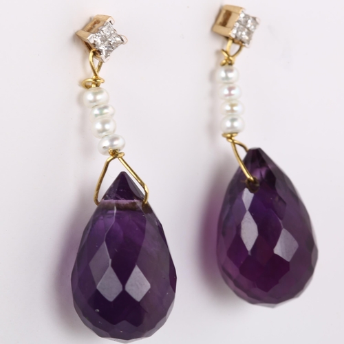 159 - A pair of 9ct gold amethyst pearl and diamond drop earrings, set with briolette-cut amethyst and Pri... 