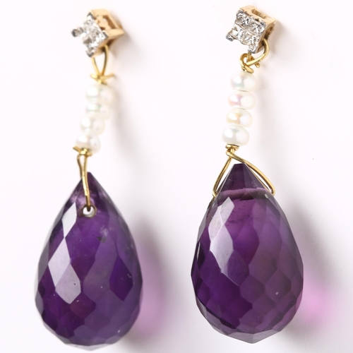 159 - A pair of 9ct gold amethyst pearl and diamond drop earrings, set with briolette-cut amethyst and Pri... 