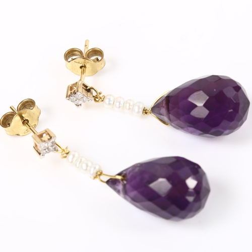 159 - A pair of 9ct gold amethyst pearl and diamond drop earrings, set with briolette-cut amethyst and Pri... 