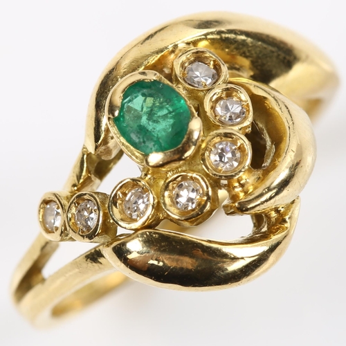 160 - An 18ct gold emerald and diamond dress ring, set with oval mixed-cut emerald and single-cut diamonds... 