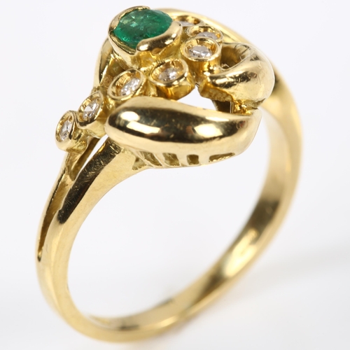 160 - An 18ct gold emerald and diamond dress ring, set with oval mixed-cut emerald and single-cut diamonds... 