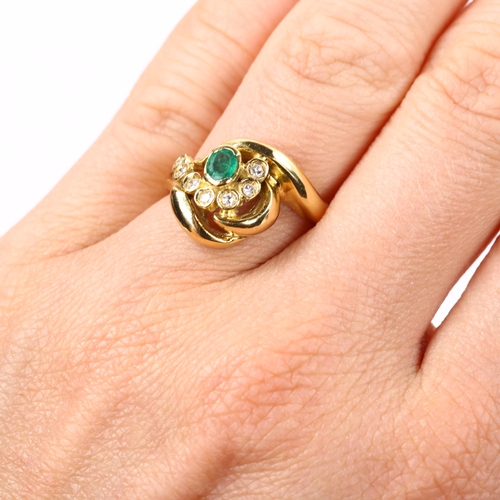 160 - An 18ct gold emerald and diamond dress ring, set with oval mixed-cut emerald and single-cut diamonds... 