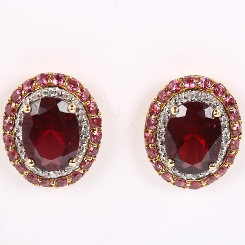 162 - A pair of 9ct gold garnet pink tourmaline and diamond cluster earrings, with stud fittings, earring ... 