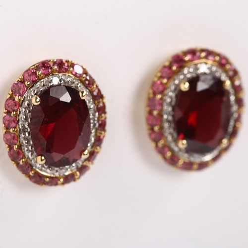 162 - A pair of 9ct gold garnet pink tourmaline and diamond cluster earrings, with stud fittings, earring ... 