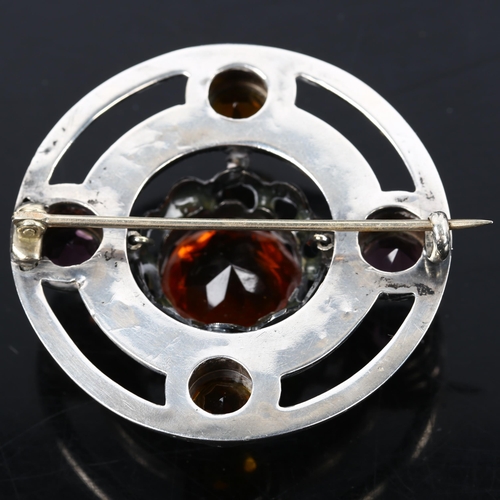 167 - A Scottish unmarked silver stone set Targe shield target brooch, set with citrine amethyst and bande... 