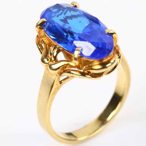 172 - A late 20th century 18ct gold blue synthetic quartz dress ring, setting height 18.4mm, size K, 6.5g