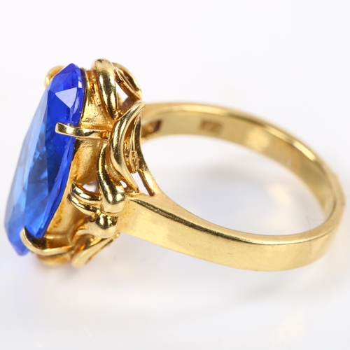 172 - A late 20th century 18ct gold blue synthetic quartz dress ring, setting height 18.4mm, size K, 6.5g