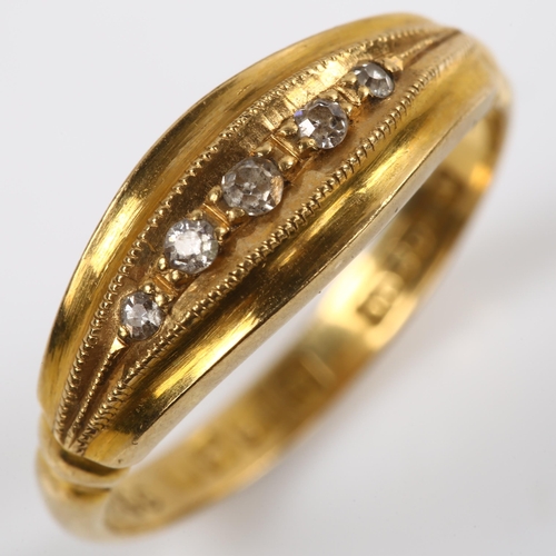 173 - An early 20th century 18ct gold graduated five stone diamond half hoop ring, set with single-cut dia... 